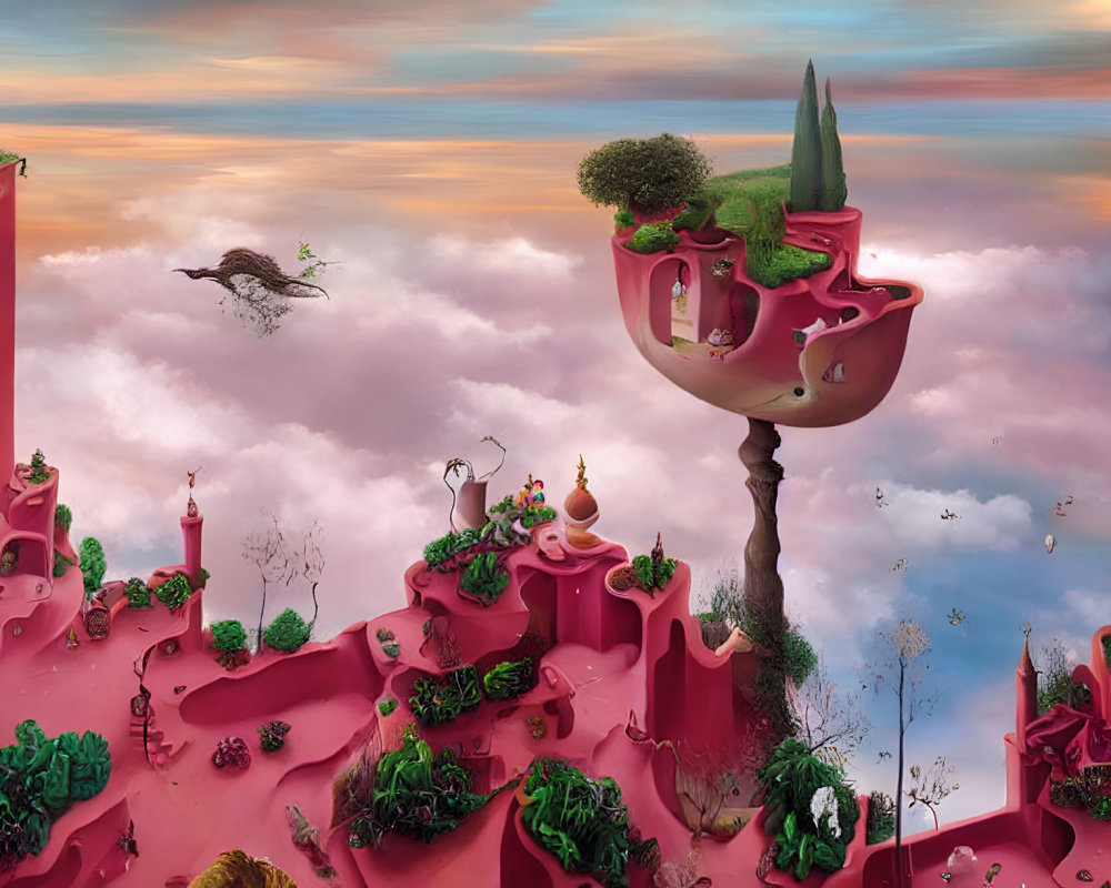 Fantasy surreal landscape with red terrain, floating islands, lush vegetation, and cloudy sky