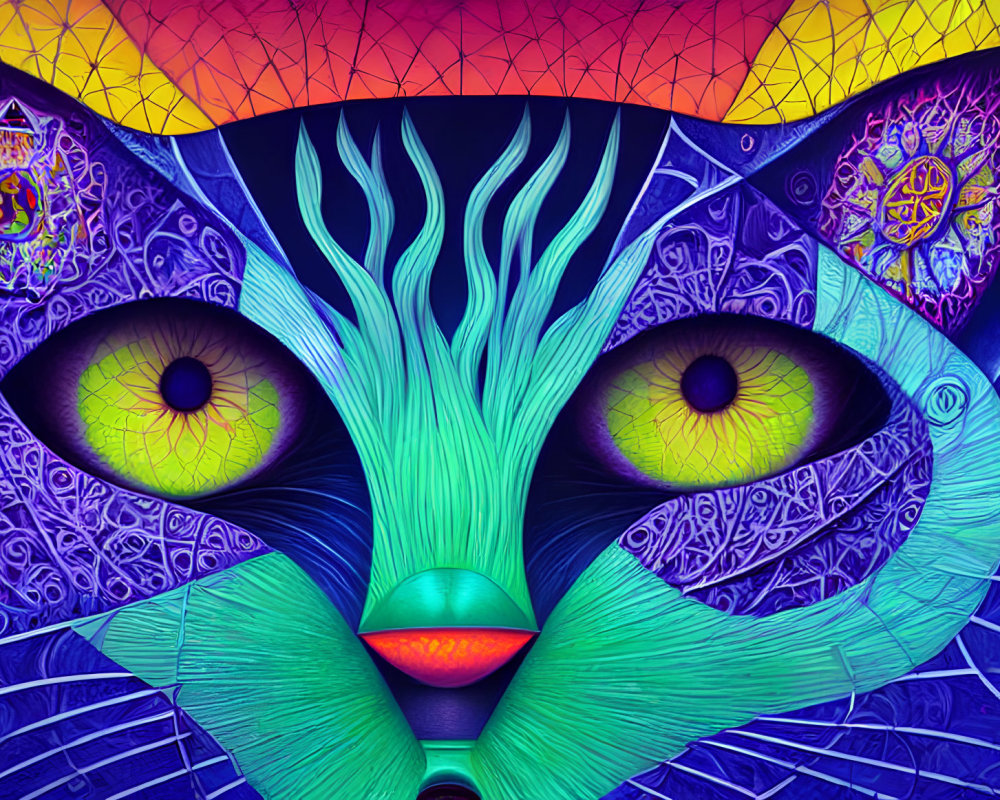 Colorful Psychedelic Cat Illustration with Geometric Background