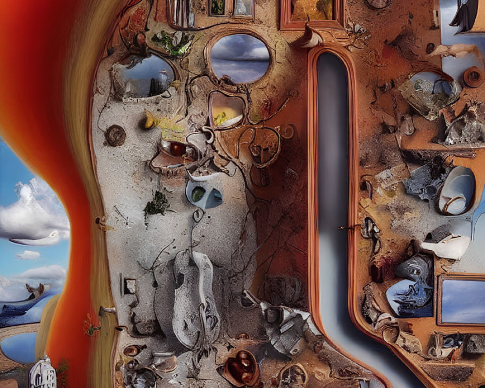 Distorted room with melting objects and framed pictures in surrealistic artwork
