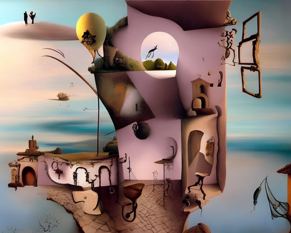 Surrealistic Painting: Distorted Perspective, Floating Elements, Disjointed Rooms, Dream-like