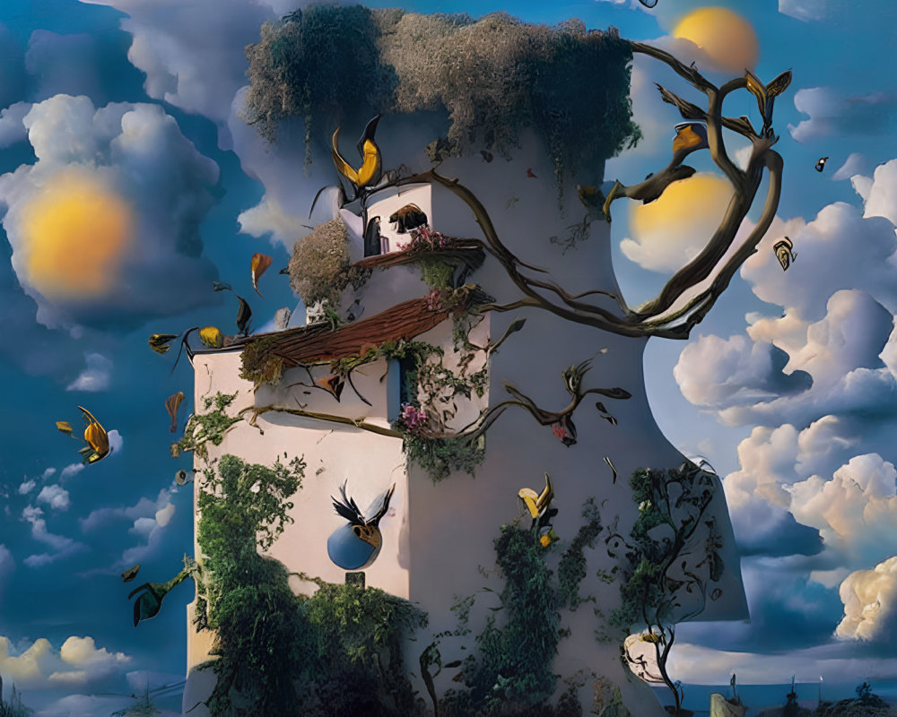 Whimsical painting: Floating island with treehouse, vibrant trees, oversized bees, puffy cloud