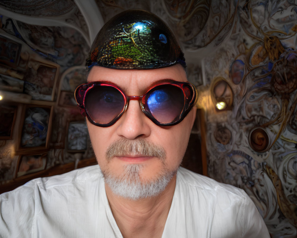 Man with Mustache in Reflective Dome Hat and Red Sunglasses Against Wall Patterns