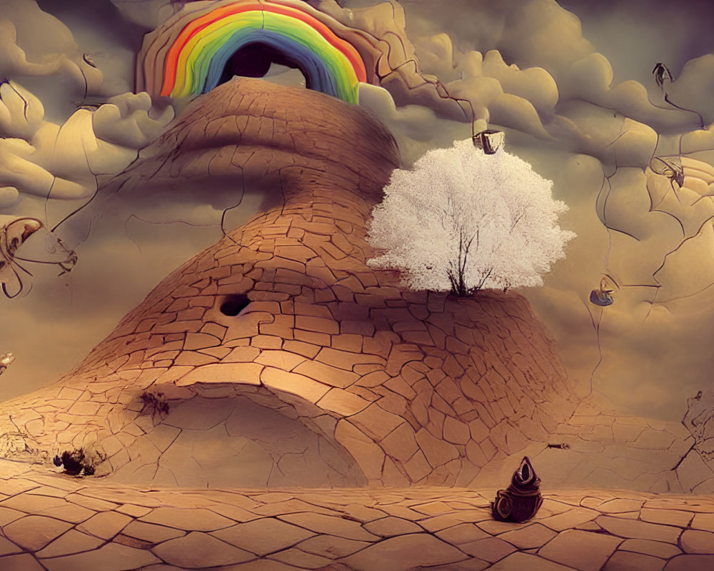 Twisted, cracking terrain with melting clock, rainbow, and whimsical elements