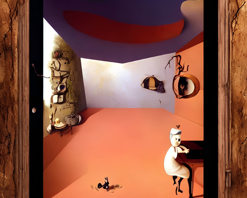 Abstract shapes and warm colors in surreal room with cat-like figure at piano