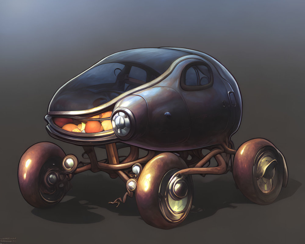 Futuristic egg-shaped vehicle with transparent canopy and large wheels