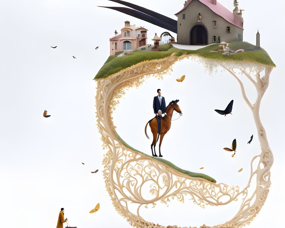 Surreal image of man on horse on spiraling ground with house and birds