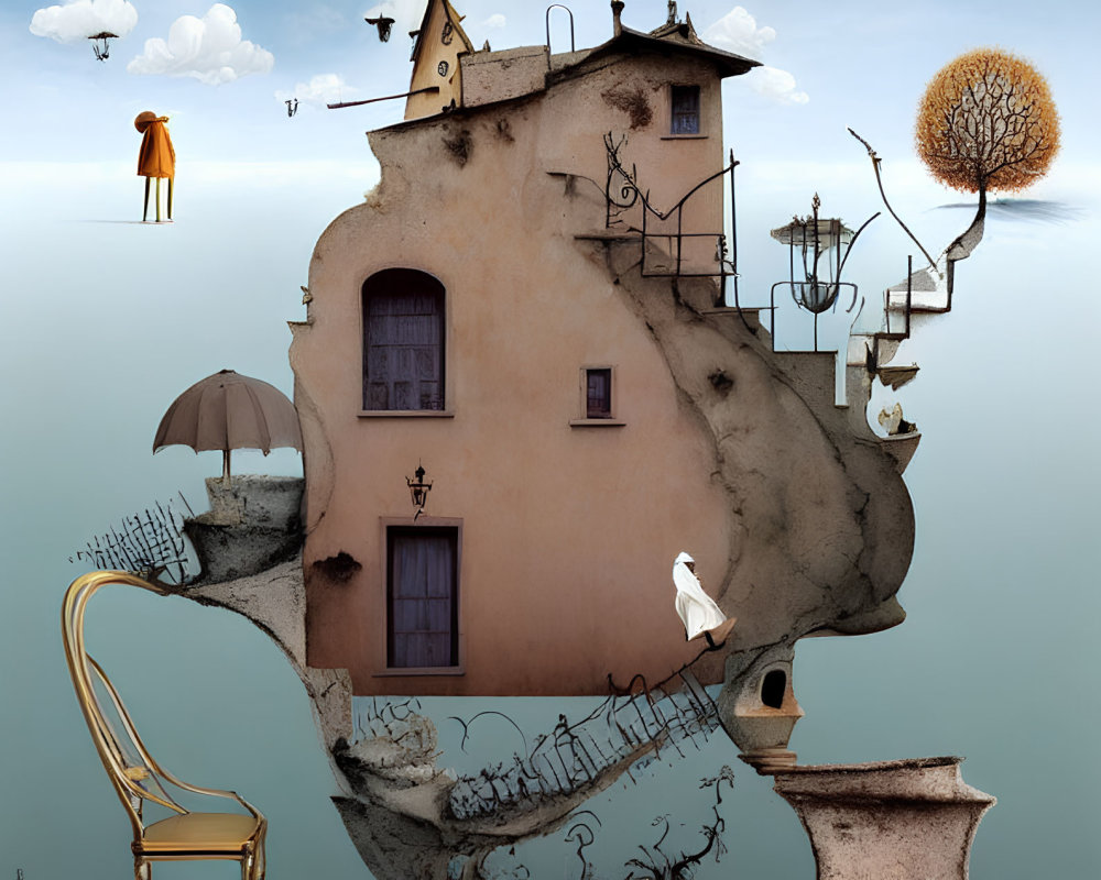 Whimsical face-shaped building with surreal elements