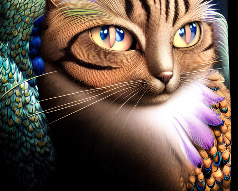 Detailed illustration of a cat with peacock-like feathers and amber eyes