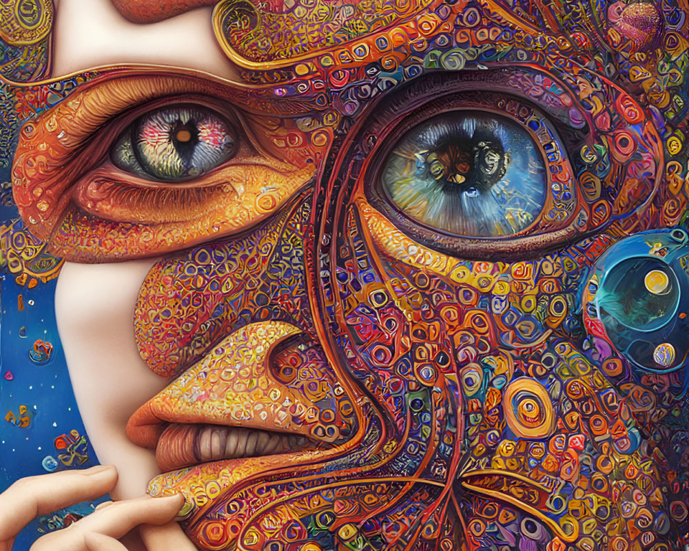 Detailed Surreal Portrait with Vibrant Colors and Patterns