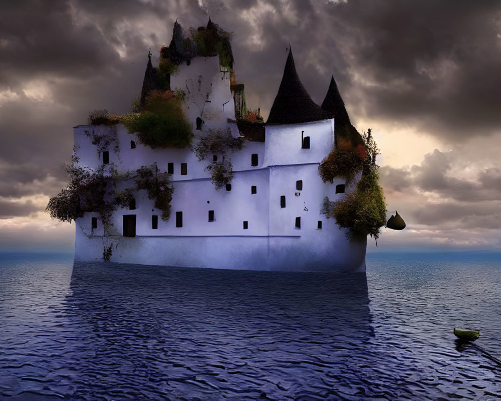 White Castle with Black Roofs Floating on Water in Surreal Dusk Scene