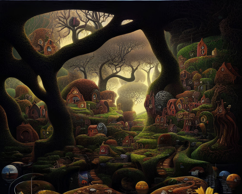 Whimsical forest scene with houses in gnarled trees