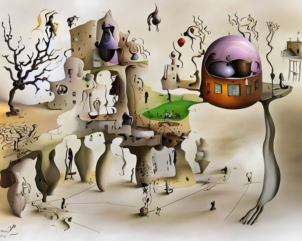 Abstract surreal artwork: floating island, whimsical structures, sphere with glasses, muted earthy tones