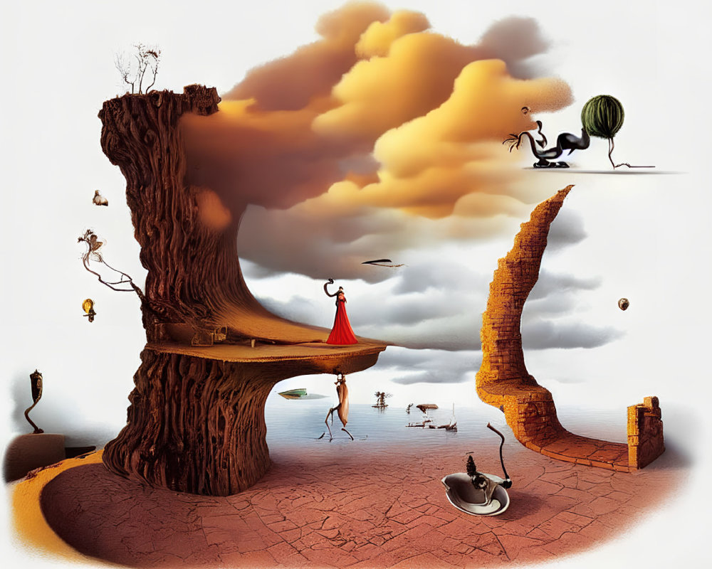 Surreal landscape with tree stump, curved structures, fantastical beings, red-cloaked figure