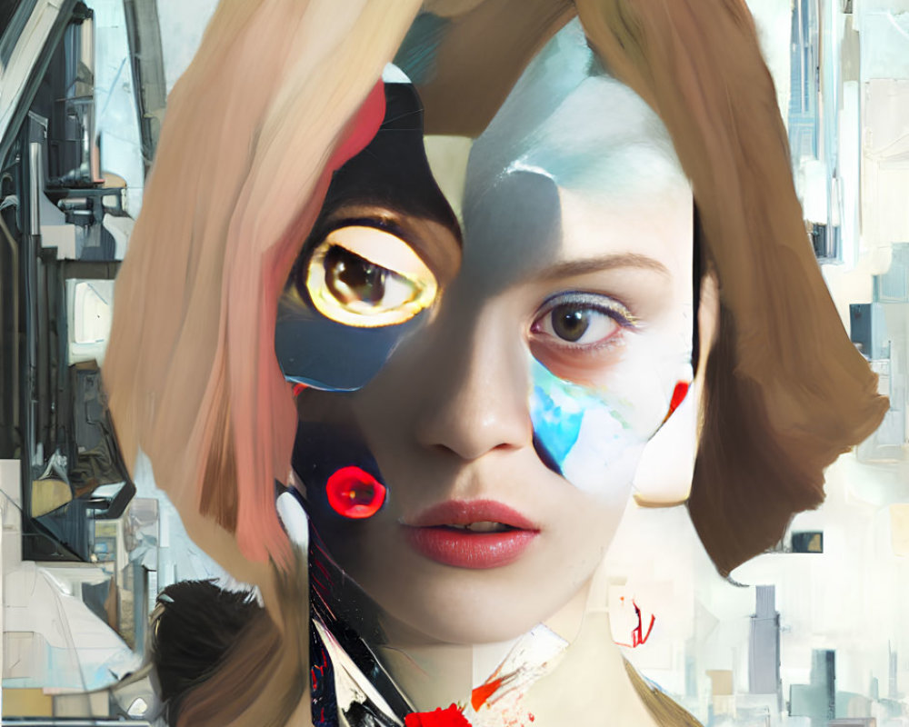 Abstract digital artwork: Woman with fragmented face, urban imagery, abstract shapes, vibrant colors