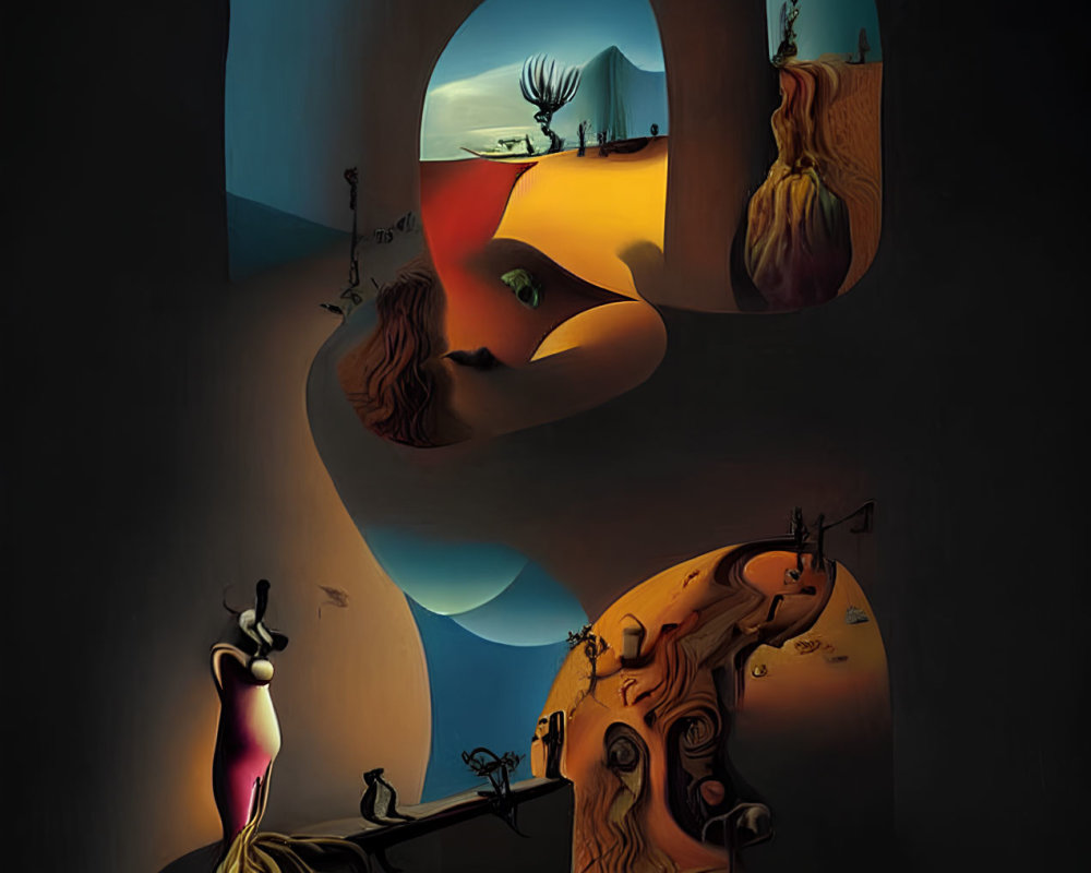 Surreal desert landscape with twisted shapes and melting clocks