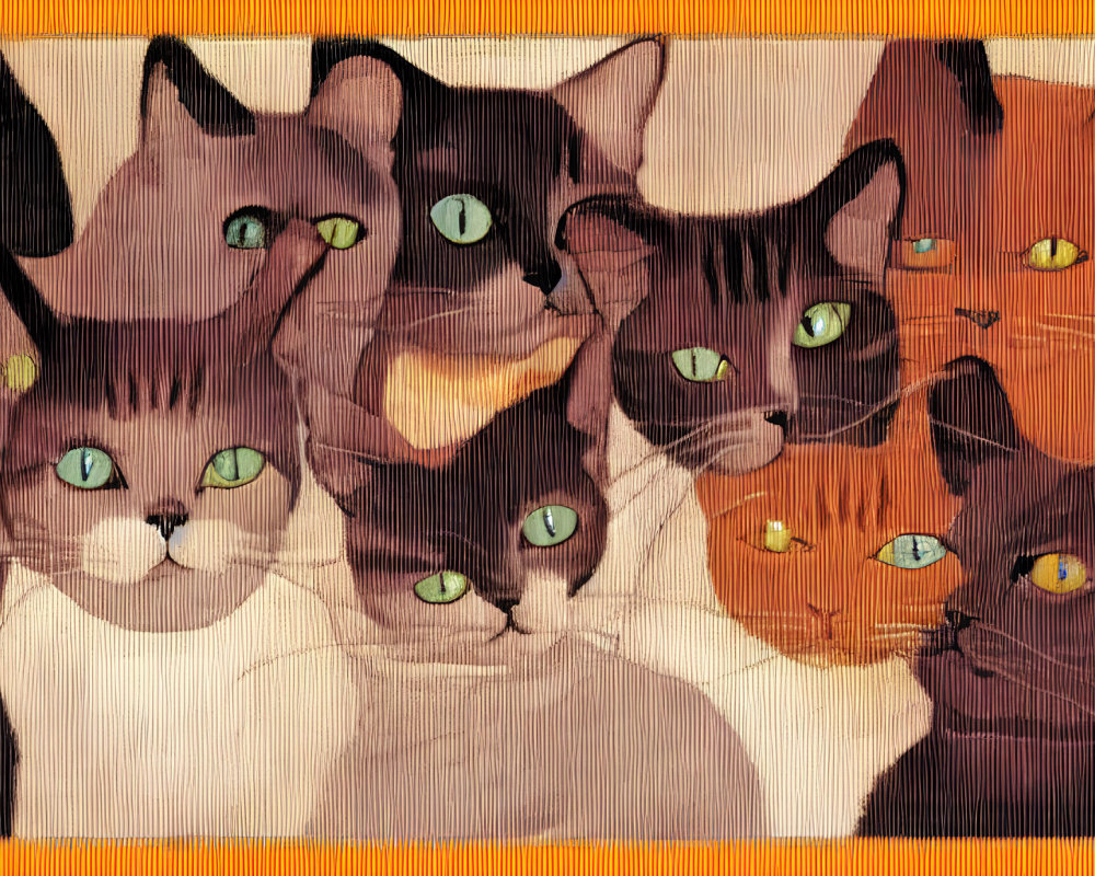 Group of stylized cats with expressive green eyes on orange background