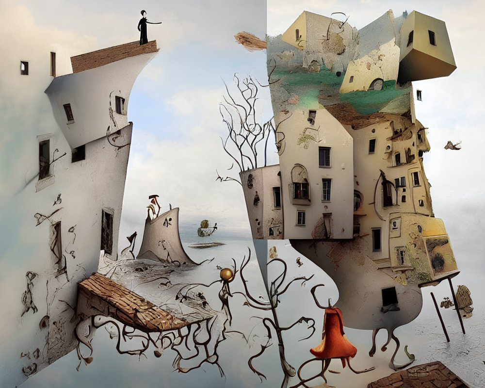 Surreal architecture and nature blend in disjointed scene with floating islands and whimsical elements