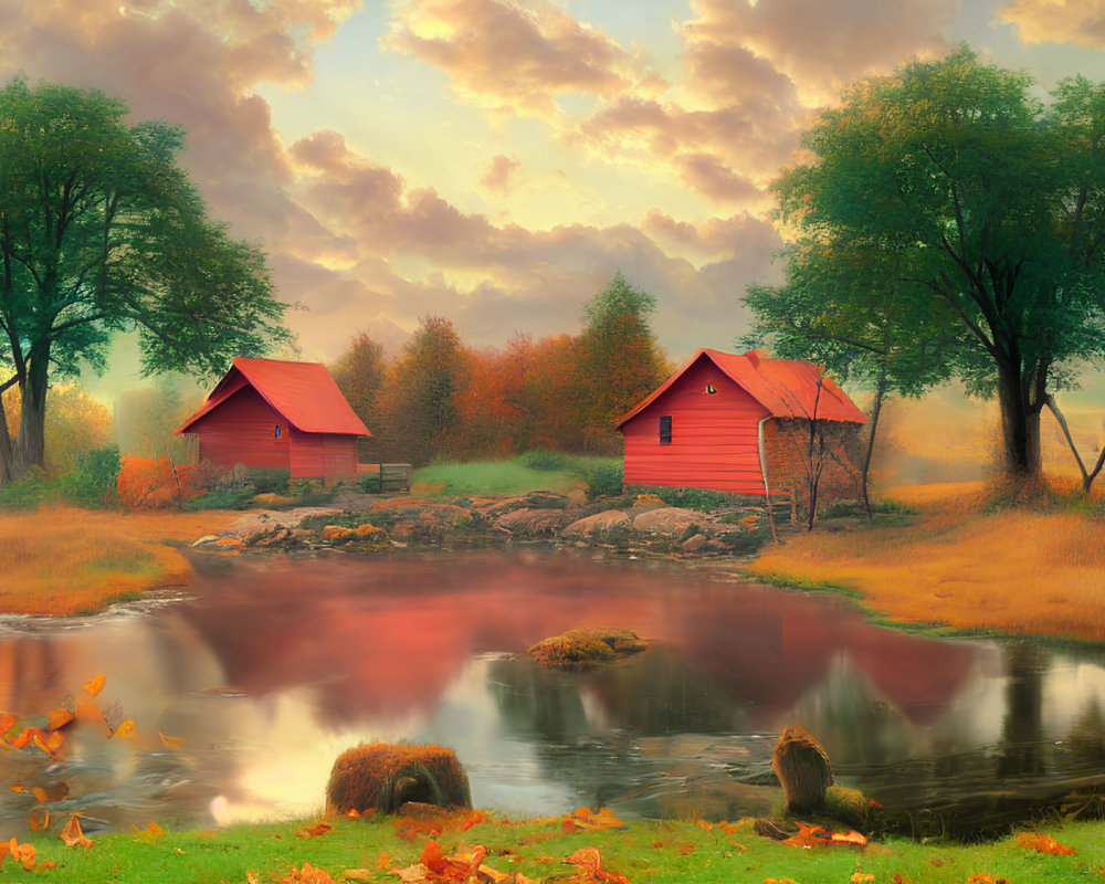 Serene autumn landscape with red cabins, pond, fall foliage, and cloudy sky