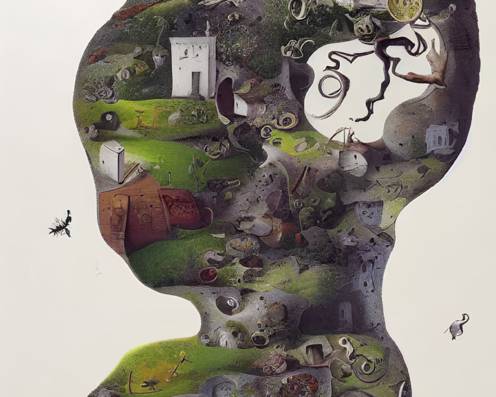 Surreal portrait with human profile filled with objects, animals, and whimsical elements