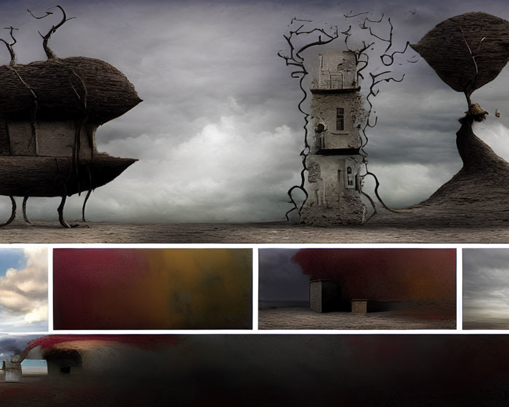 Surreal Landscape Featuring Tree-Like Structures, Tower with Branches, and Buildings Against Cloudy