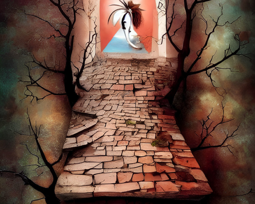 Surreal stone pathway with eye arch, barren trees, moody sky