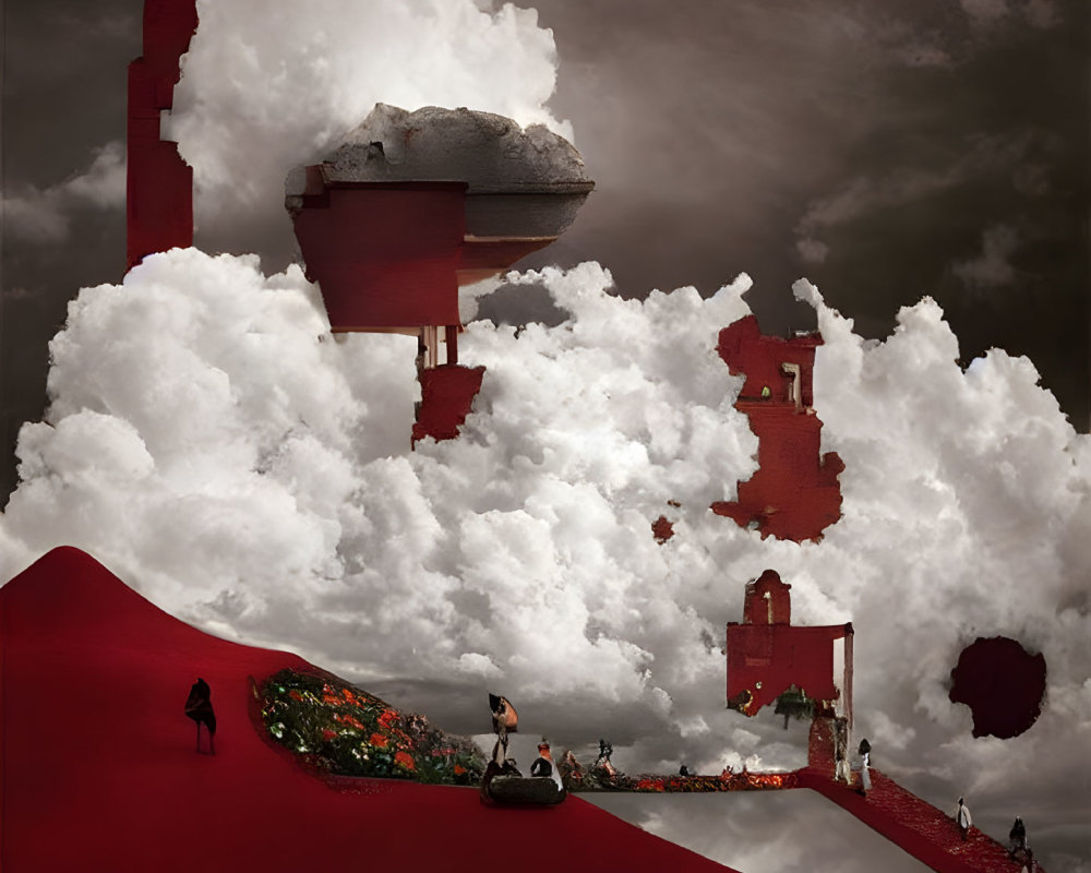 Surreal red hills and floating clouds with ruins, people in peaceful interactions