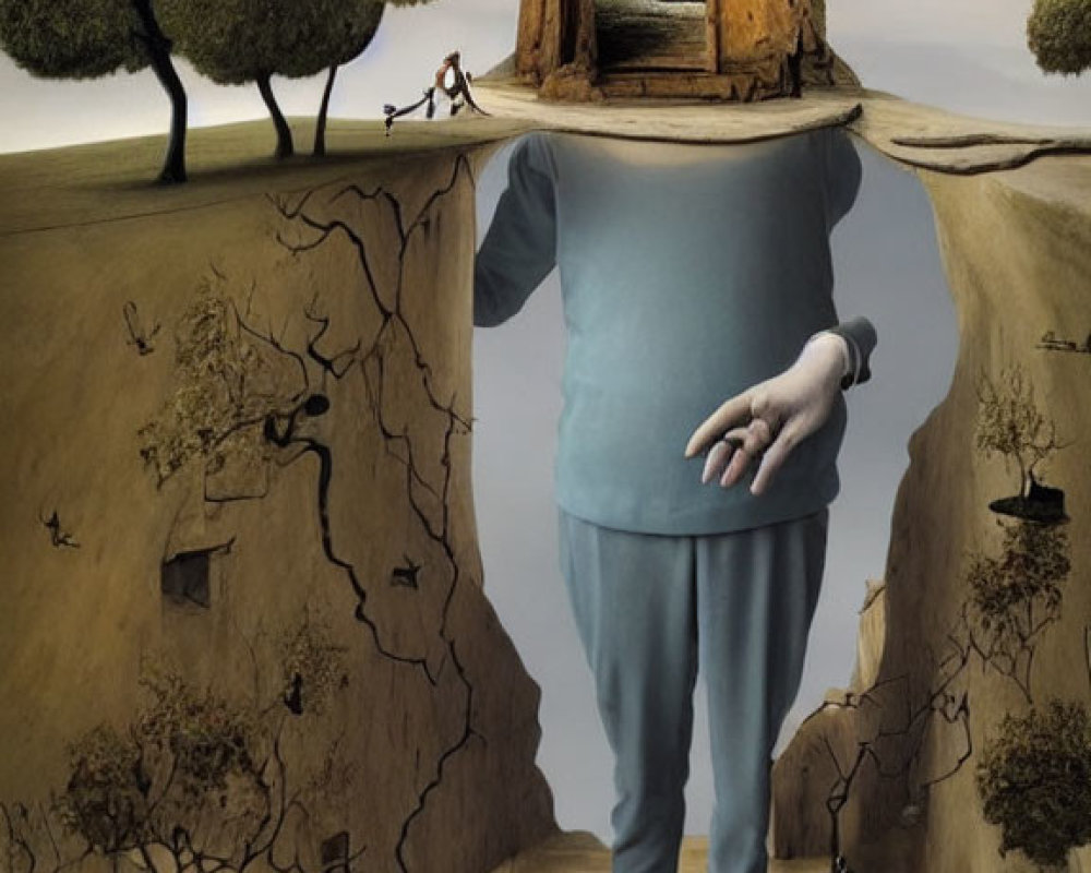 Surreal image: figure with door head, sea view, cracked landscape, orbs, trees