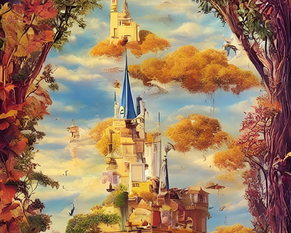 Vibrant yellow castle in whimsical fantasy landscape