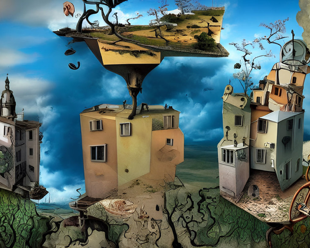 Surreal artwork: Floating islands, whimsical buildings, scattered items, dramatic sky