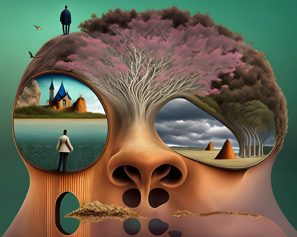 Surreal face-shaped landscape with scenes in eye sockets and mouth, man and birds.