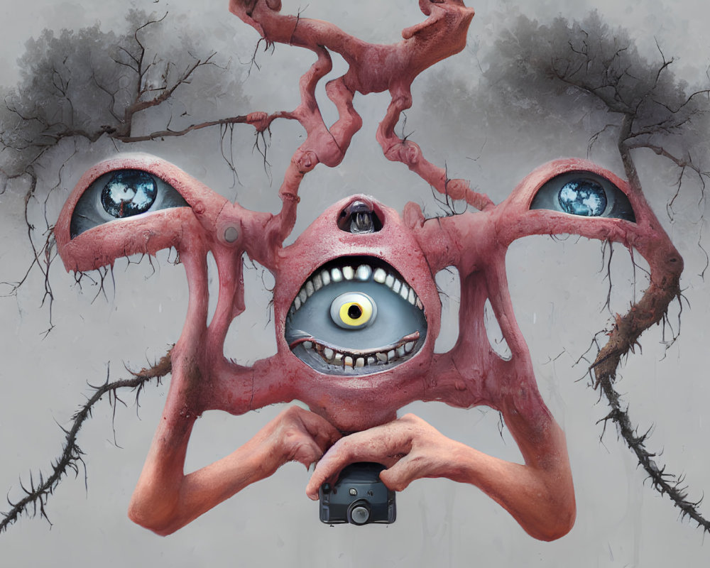 Surreal creature with multiple eyes and twisted tree branches for limbs on grey backdrop.