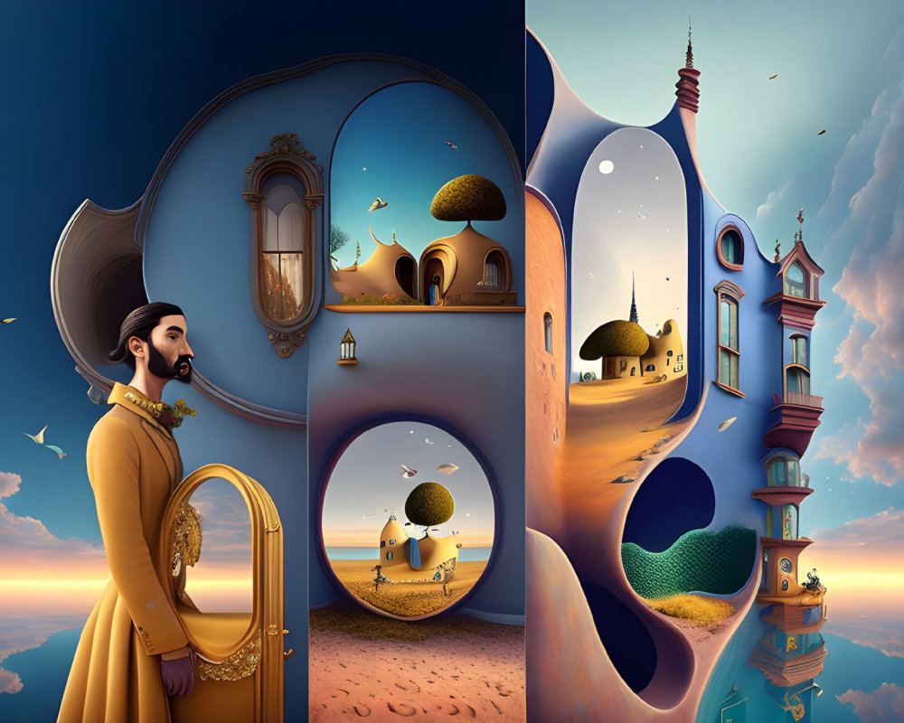 Digital artwork: Serene sunset meets architectural dreamscape with regal silhouettes