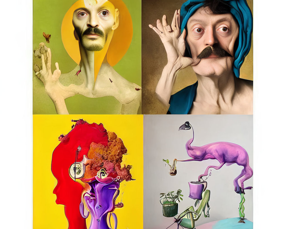 Surreal portraits with haloed man, mustachioed face, melting features, and camel