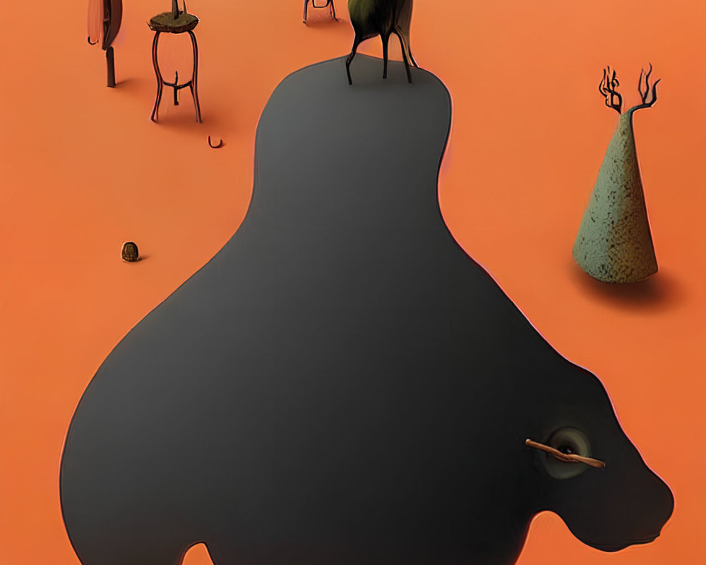 Surreal artwork featuring shadowy pear-shaped figure, chairs, creature on cone-shaped hill, against