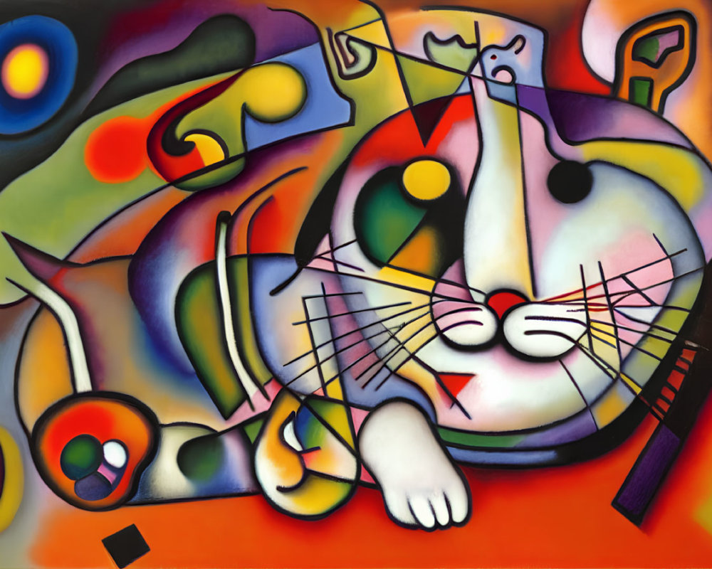 Vibrant abstract painting of a whimsical cat with bold lines and bright colors
