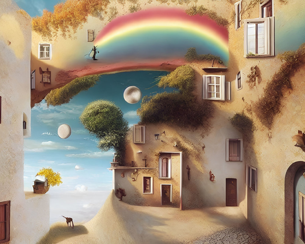 Circular surreal landscape with rainbow, floating orbs, person, and dog.