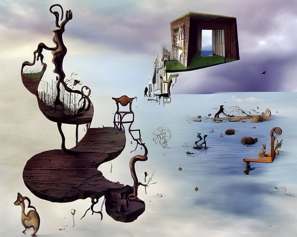 Surreal landscape with twisted pathway, levitating house, grass roof, floating objects, whimsical