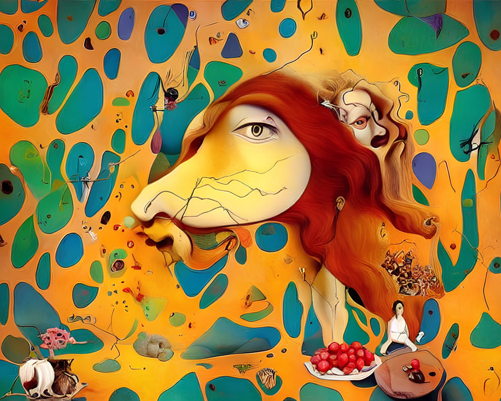 Colorful surrealistic artwork: lion's face with human elements, abstract shapes, and dreamlike figures