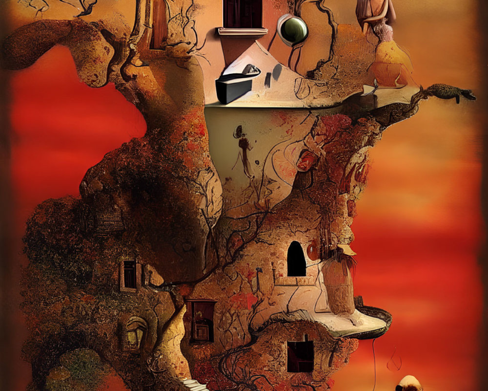 Whimsical tree-like structure with rooms and objects against fiery sunset