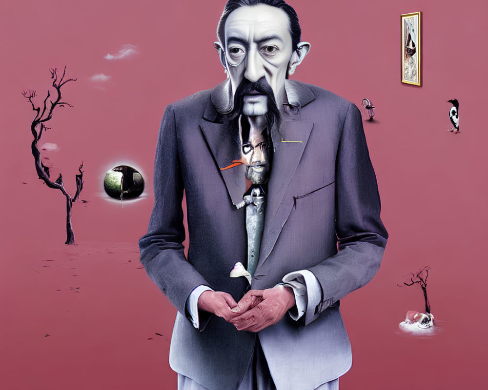 Surreal portrait with Dali-like imagery and exaggerated facial features