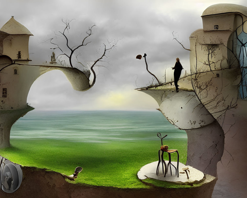 Surreal landscape with floating islands and whimsical structures