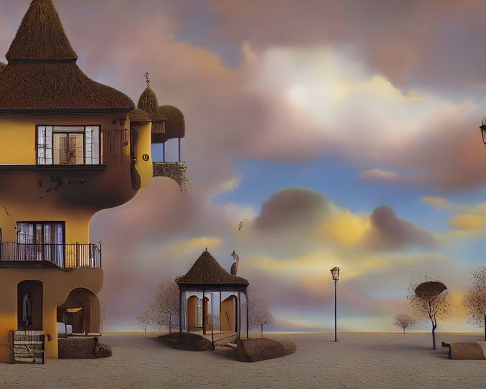 Surreal inverted house in twilight landscape with floating elements