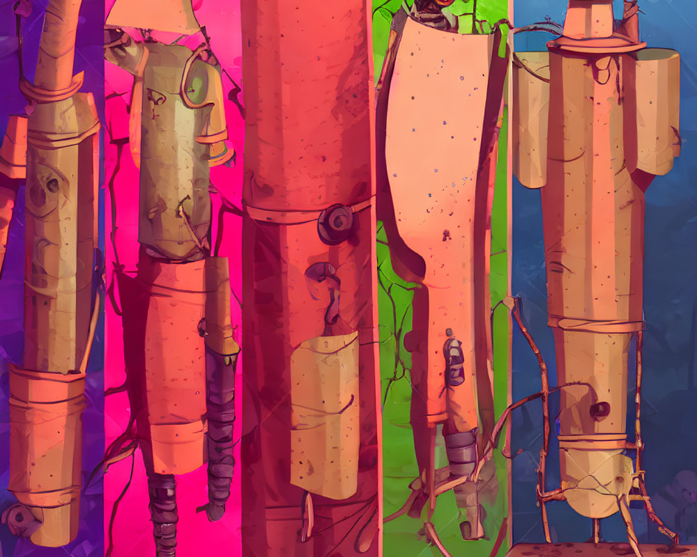 Vibrant anthropomorphic bamboo shoots with creatures and scrolls