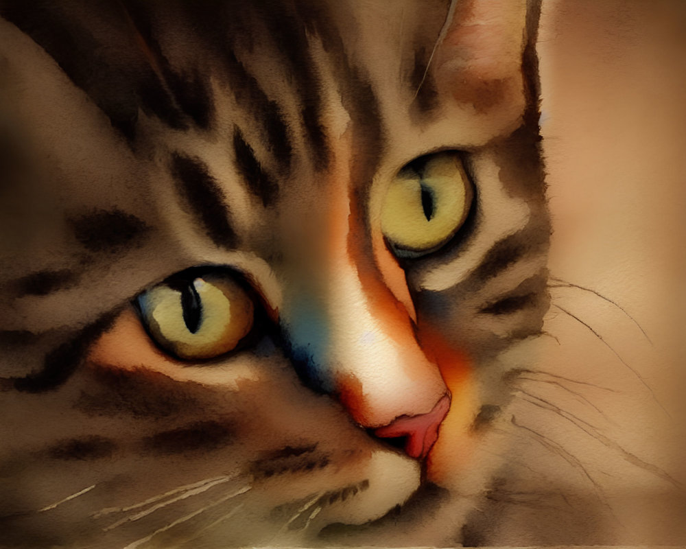 Tabby Cat with Yellow Eyes and Pink Nose in Watercolor Style