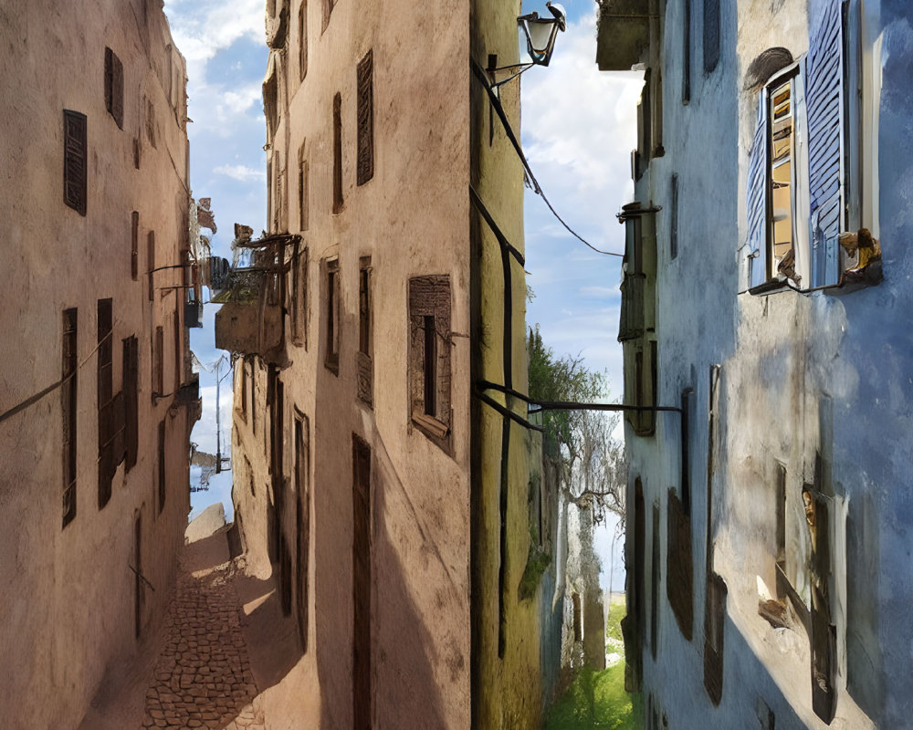 Weathered Buildings and Cobblestone Street Under Blue Sky