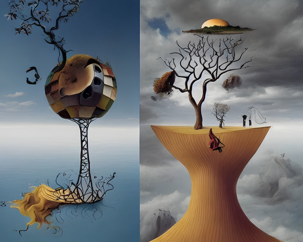 Surreal artwork featuring hut on stilts, twisted tree, floating elements, figure on head-shaped