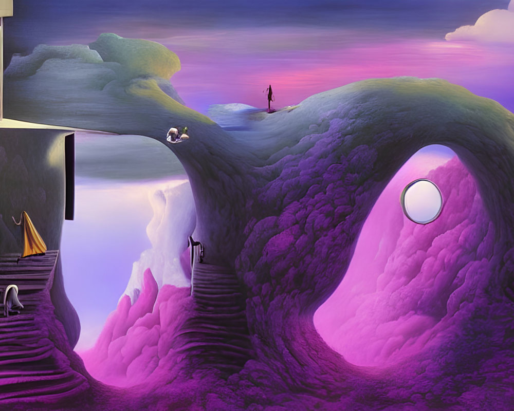 Surreal Purple Landscape with Undulating Terrain and Whimsical Structures