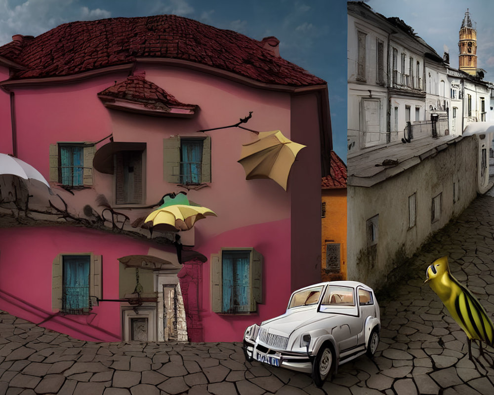 Surreal pink building, flying banana umbrellas, vintage car, traditional street