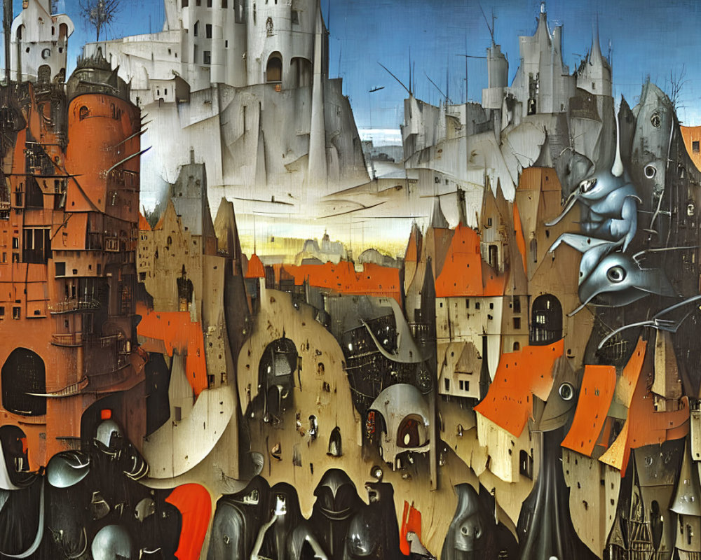 Medieval cityscape painting with surreal armored figures and anthropomorphic structures