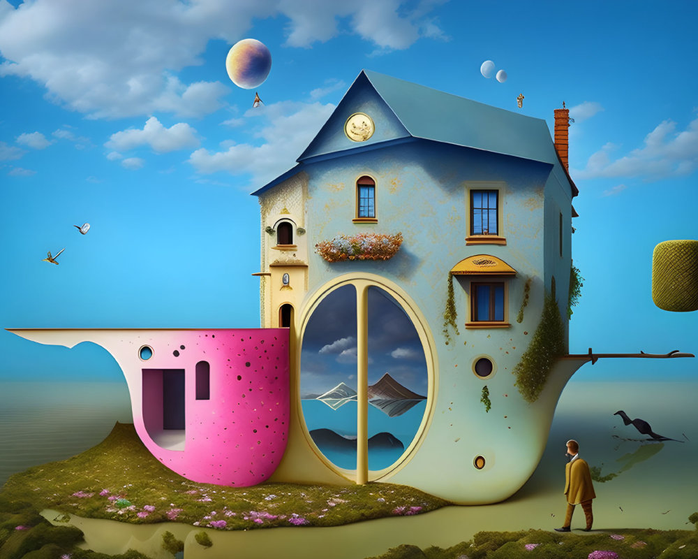 Whimsical surreal artwork with teapot house, celestial elements, man, and birds